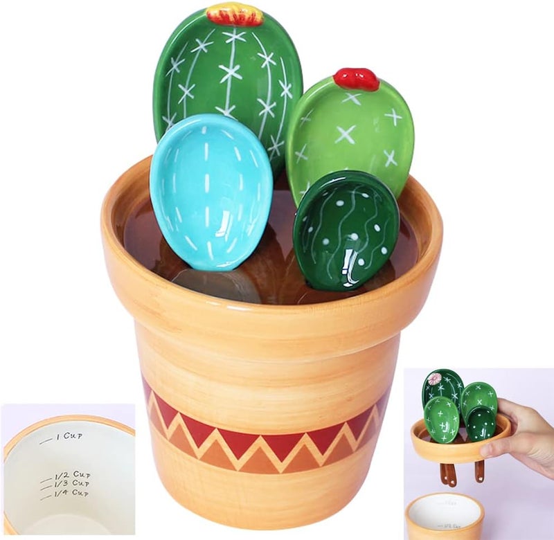 XDONEF Cactus Measuring Spoons Set in Pot Ceramic Cute Measuring Cups and Spoons Unique Baking Gifts for Dry Wet Ingredients Dishwasher Safe 1 Tbsp 1 TSP 1/2 TSP 1/4 TSP 1 Cup Blue - Image 1